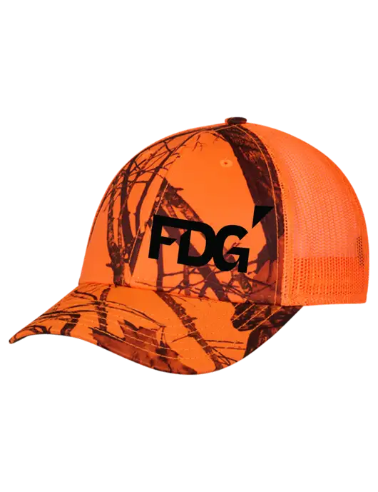 Blaze/Neon Orange Mossy Oak Camo Mesh Trucker Cap Snap Back w/FDG Logo